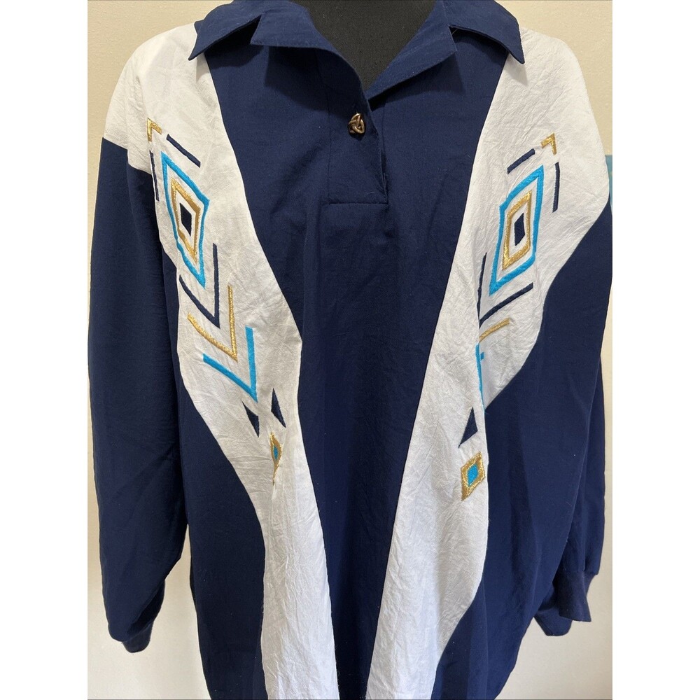Women's 80s 90s 3/4 Sleeve Collared Blouse Shoulder Pads 2x